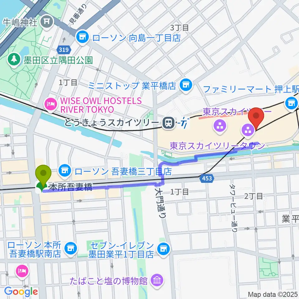 本所吾妻橋駅からプラネタリウム天空へのルートマップ地図