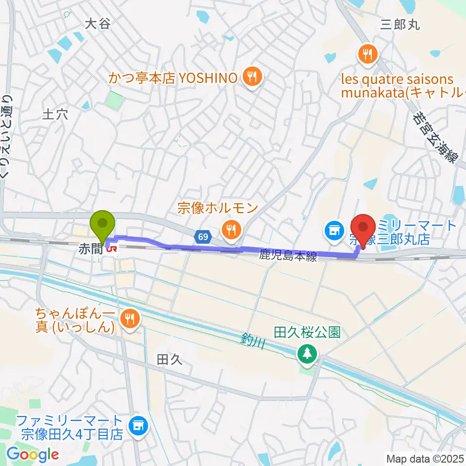 赤間駅からジョーカーズサウンドへのルートマップ地図