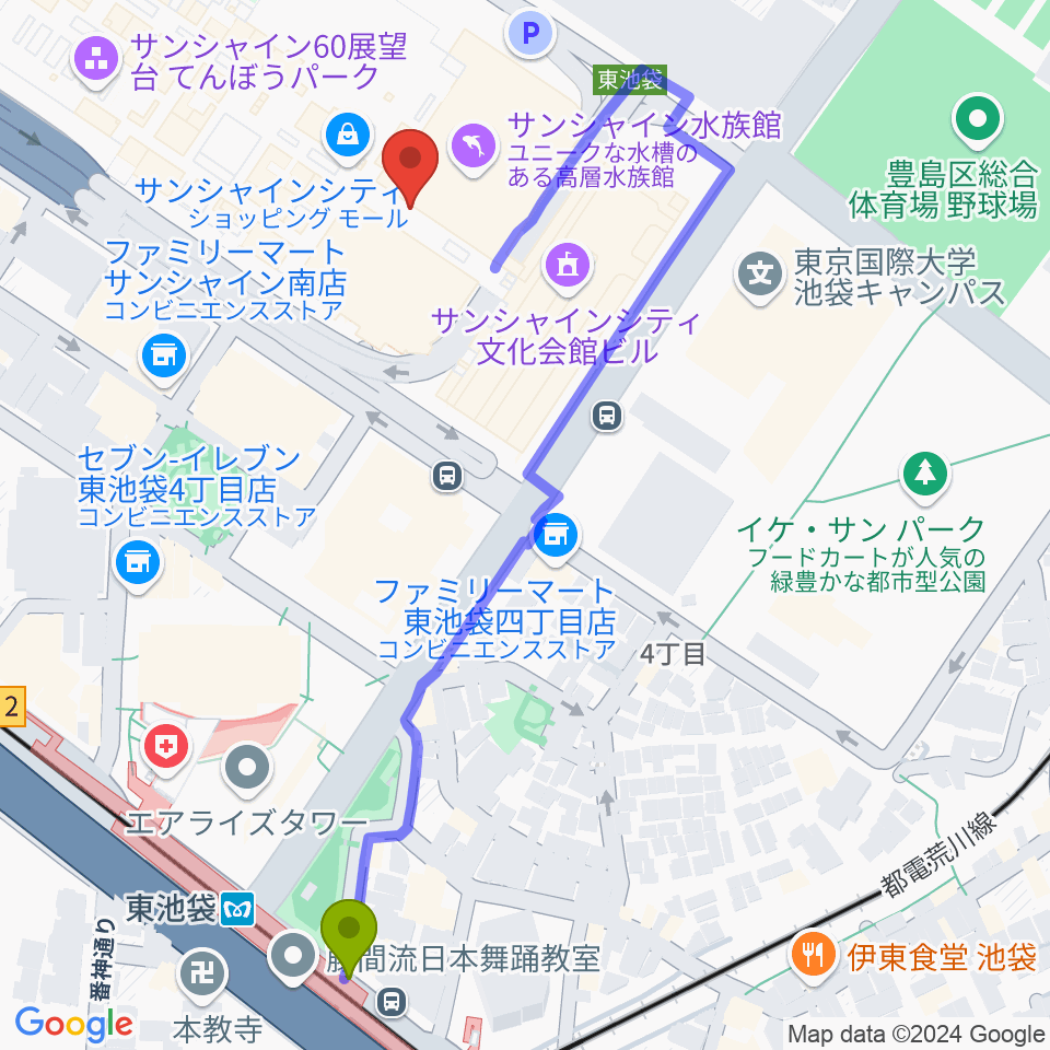 プラネタリウム満天の最寄駅東池袋駅からの徒歩ルート（約6分）地図