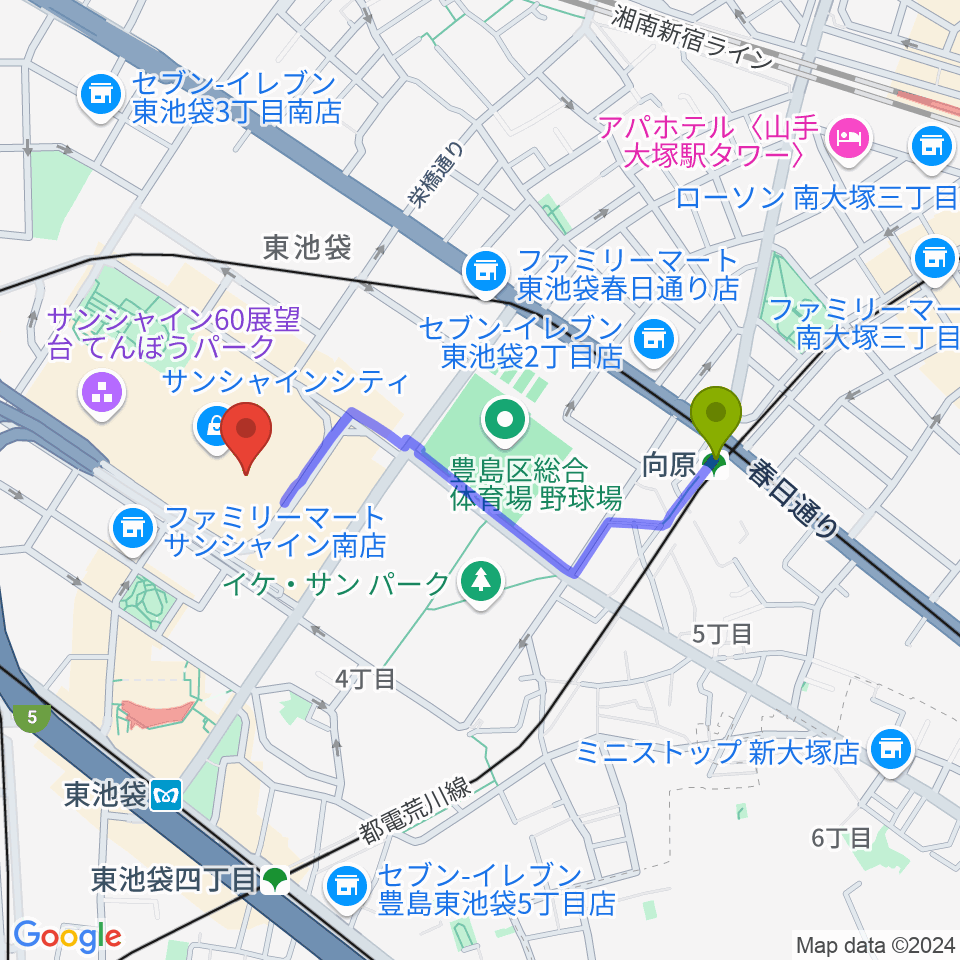 向原駅からプラネタリウム満天へのルートマップ地図