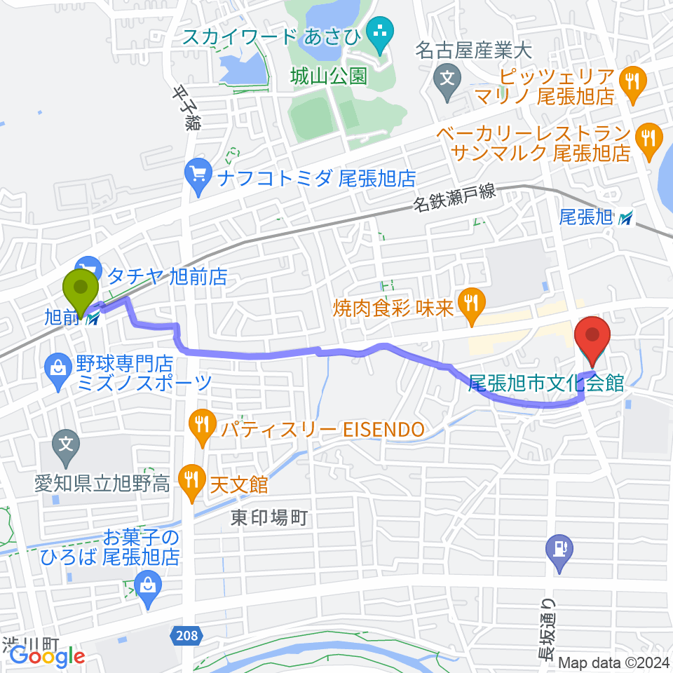 旭前駅から尾張旭市文化会館へのルートマップ地図