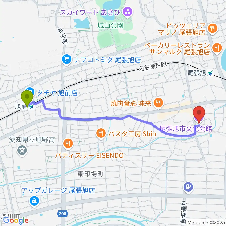 旭前駅から尾張旭市文化会館へのルートマップ地図