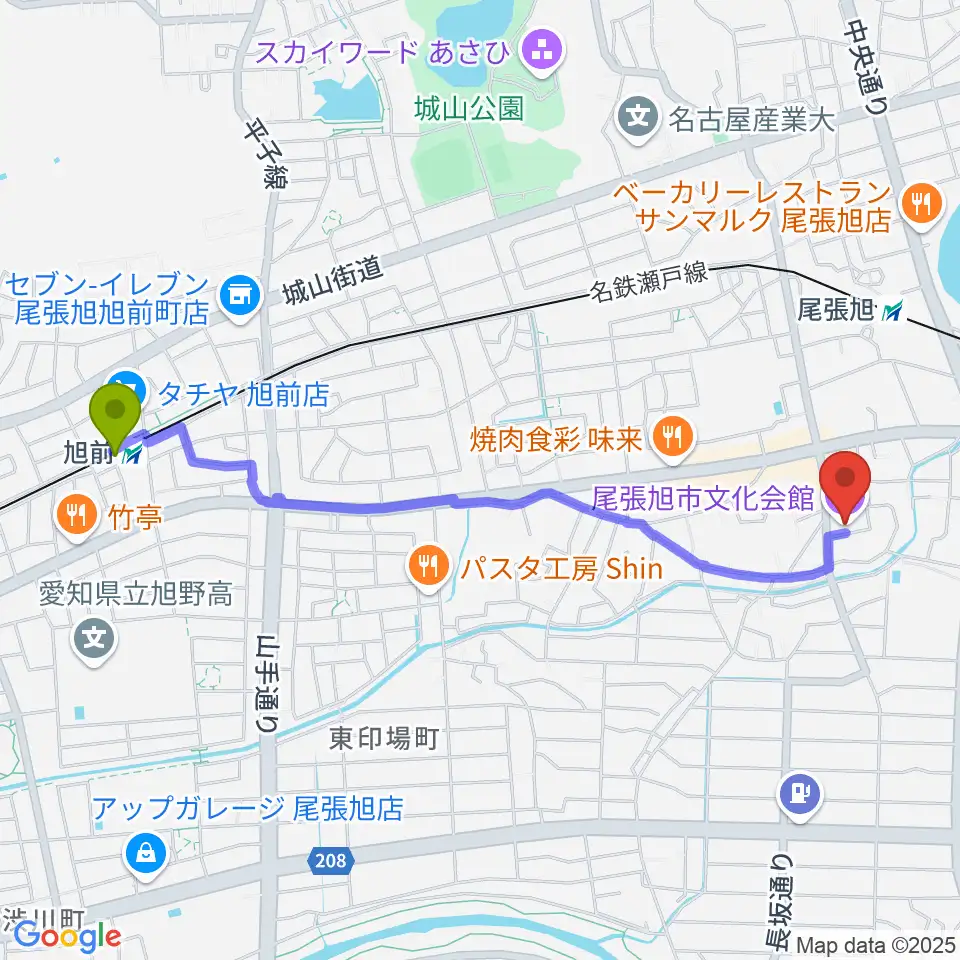 旭前駅から尾張旭市文化会館へのルートマップ地図