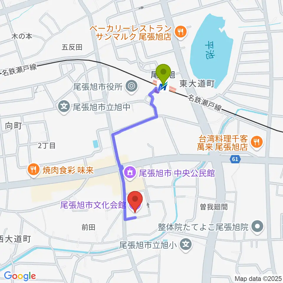 尾張旭市文化会館の最寄駅尾張旭駅からの徒歩ルート（約7分）地図