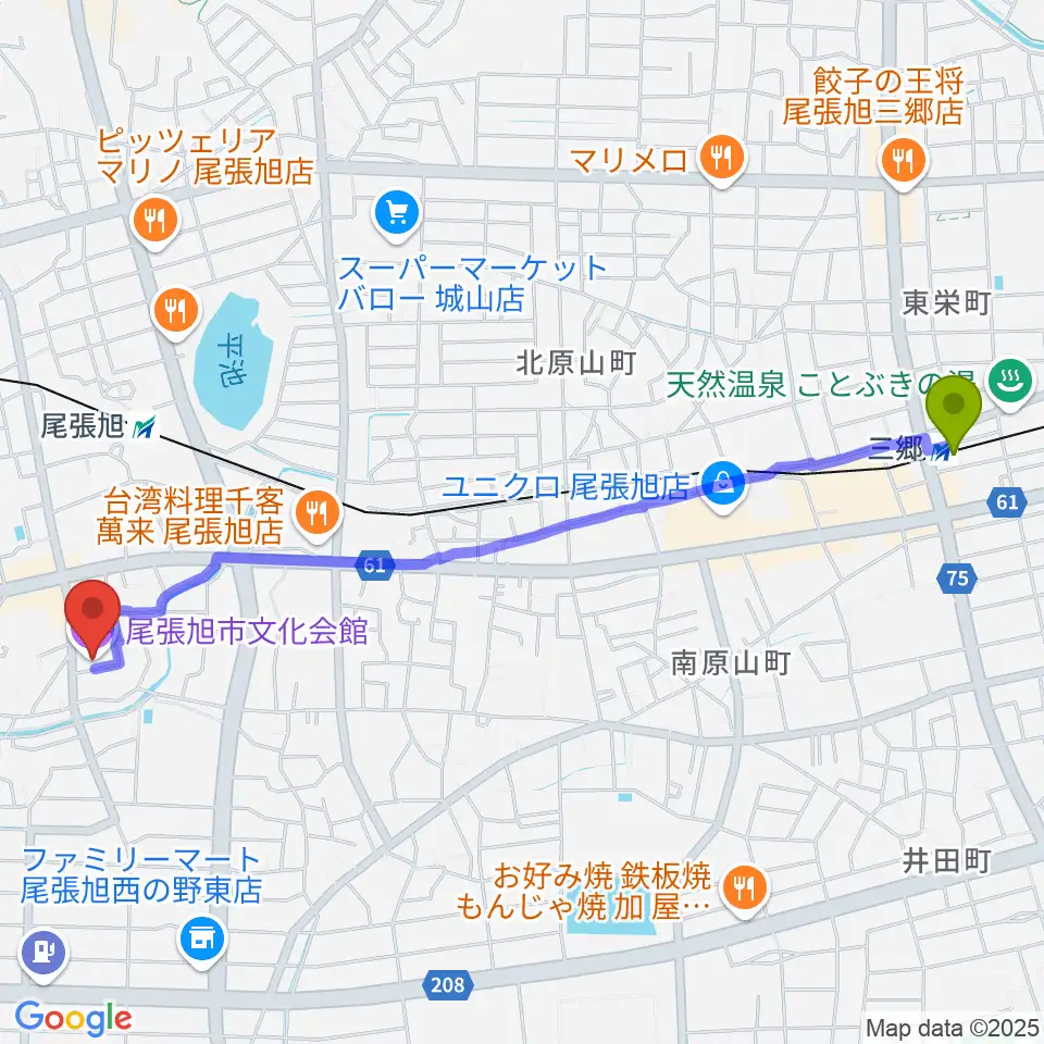 三郷駅から尾張旭市文化会館へのルートマップ地図