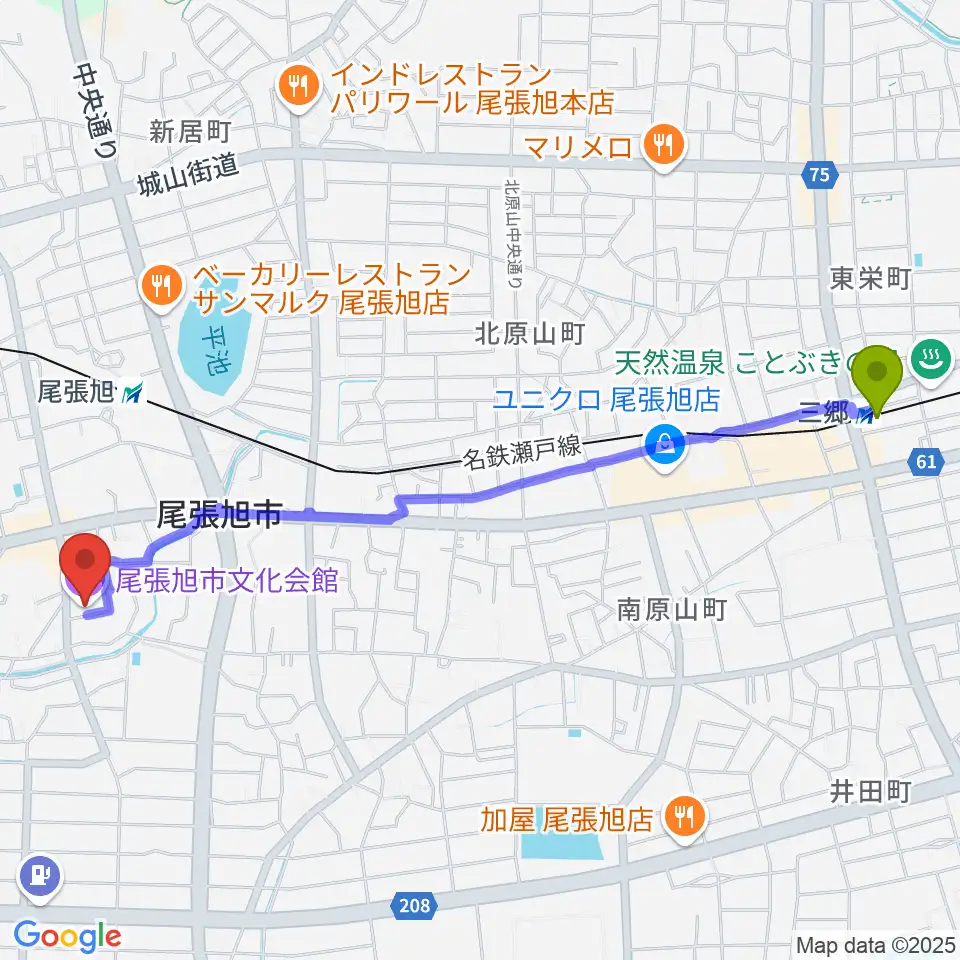 三郷駅から尾張旭市文化会館へのルートマップ地図
