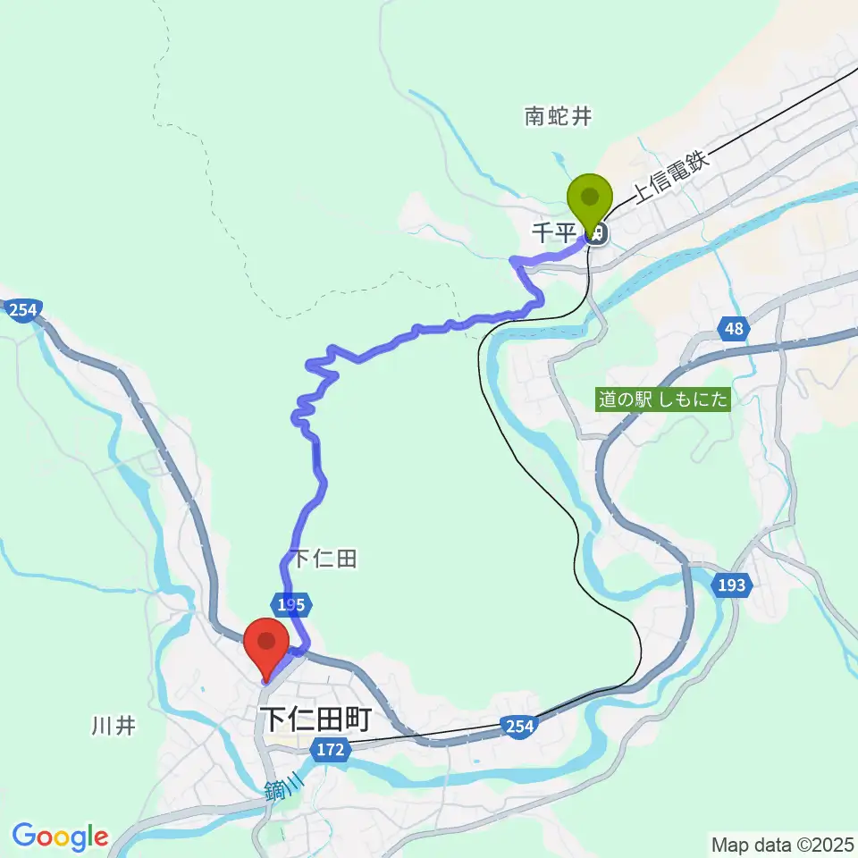 千平駅から下仁田町文化ホールへのルートマップ地図