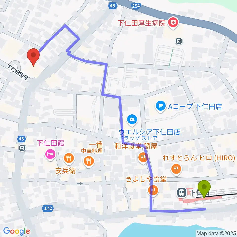 下仁田町文化ホールの最寄駅下仁田駅からの徒歩ルート（約7分）地図