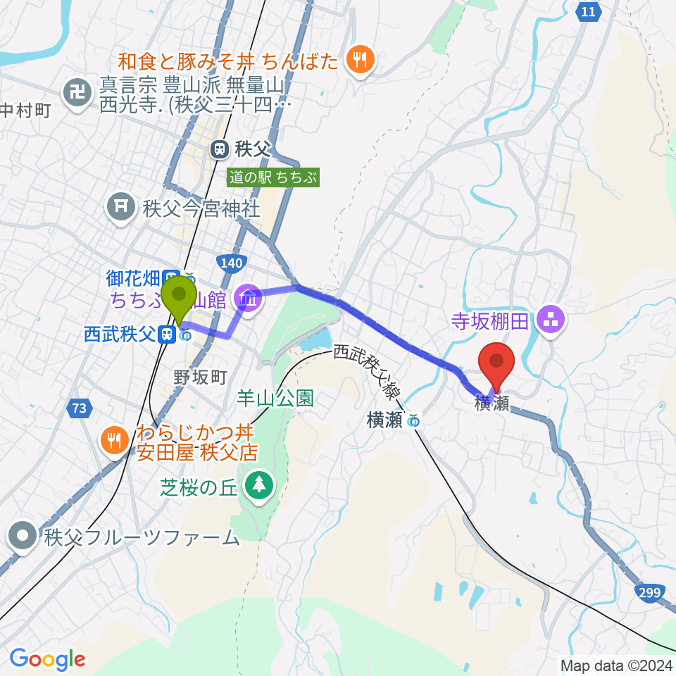 西武秩父駅から横瀬町町民会館（かわせみ会館）へのルートマップ地図