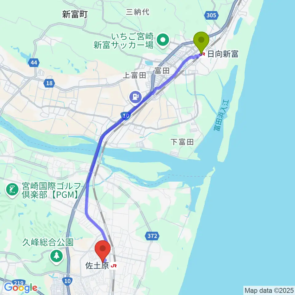 日向新富駅から宮崎市佐土原総合文化センターへのルートマップ地図