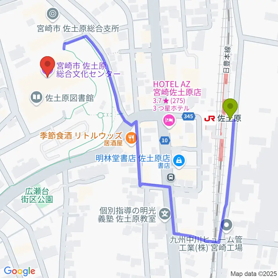 宮崎市佐土原総合文化センターの最寄駅佐土原駅からの徒歩ルート（約5分）地図