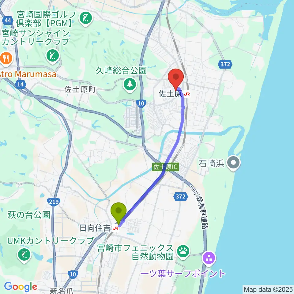 日向住吉駅から宮崎市佐土原総合文化センターへのルートマップ地図