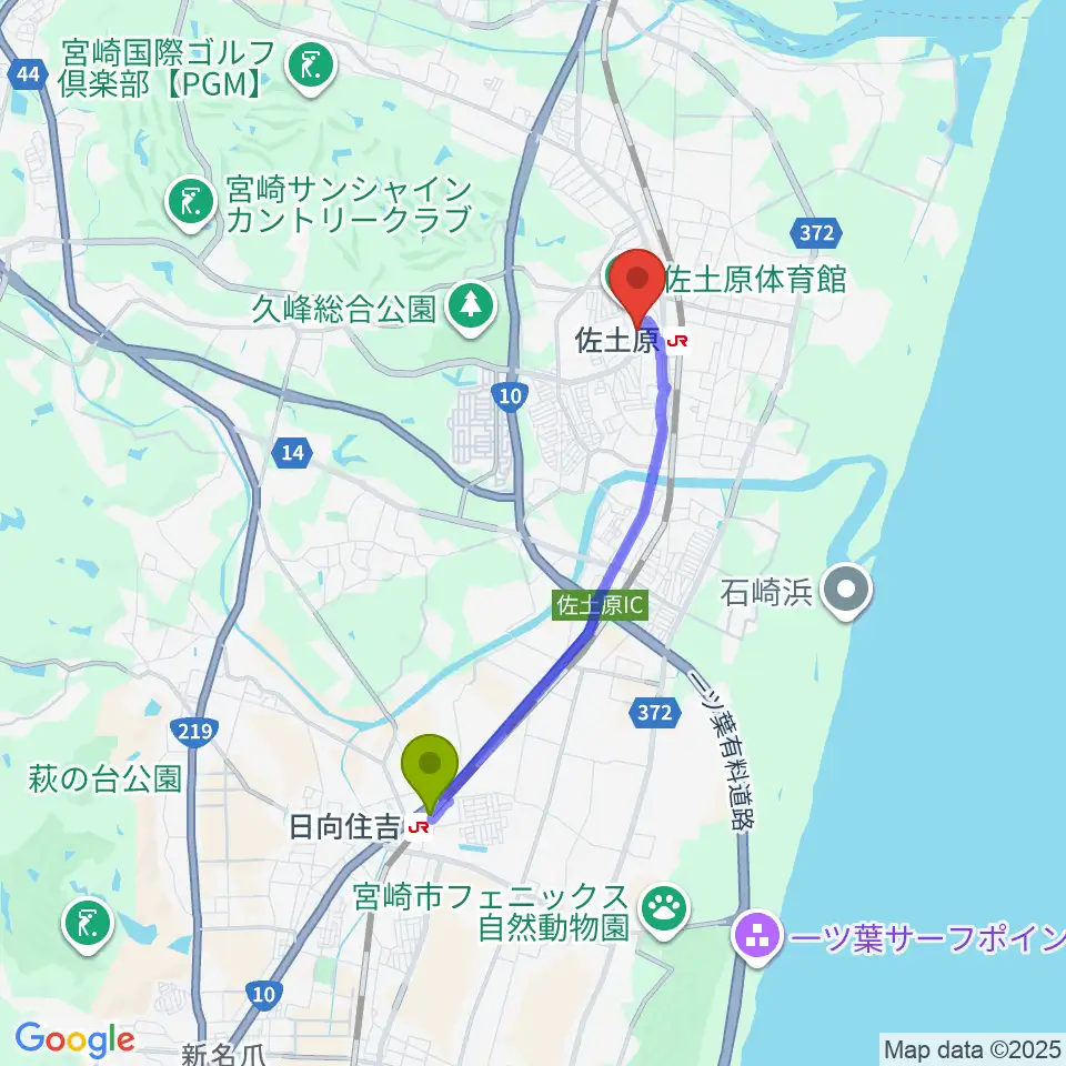 日向住吉駅から宮崎市佐土原総合文化センターへのルートマップ地図