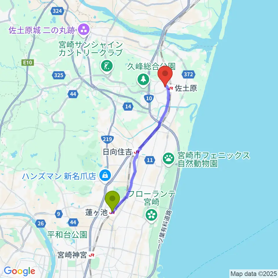蓮ケ池駅から宮崎市佐土原総合文化センターへのルートマップ地図