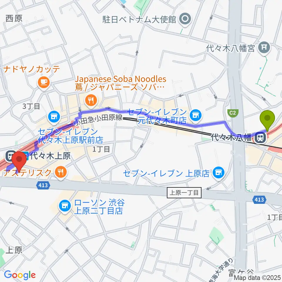 代々木八幡駅から代々木上原OPRCTへのルートマップ地図