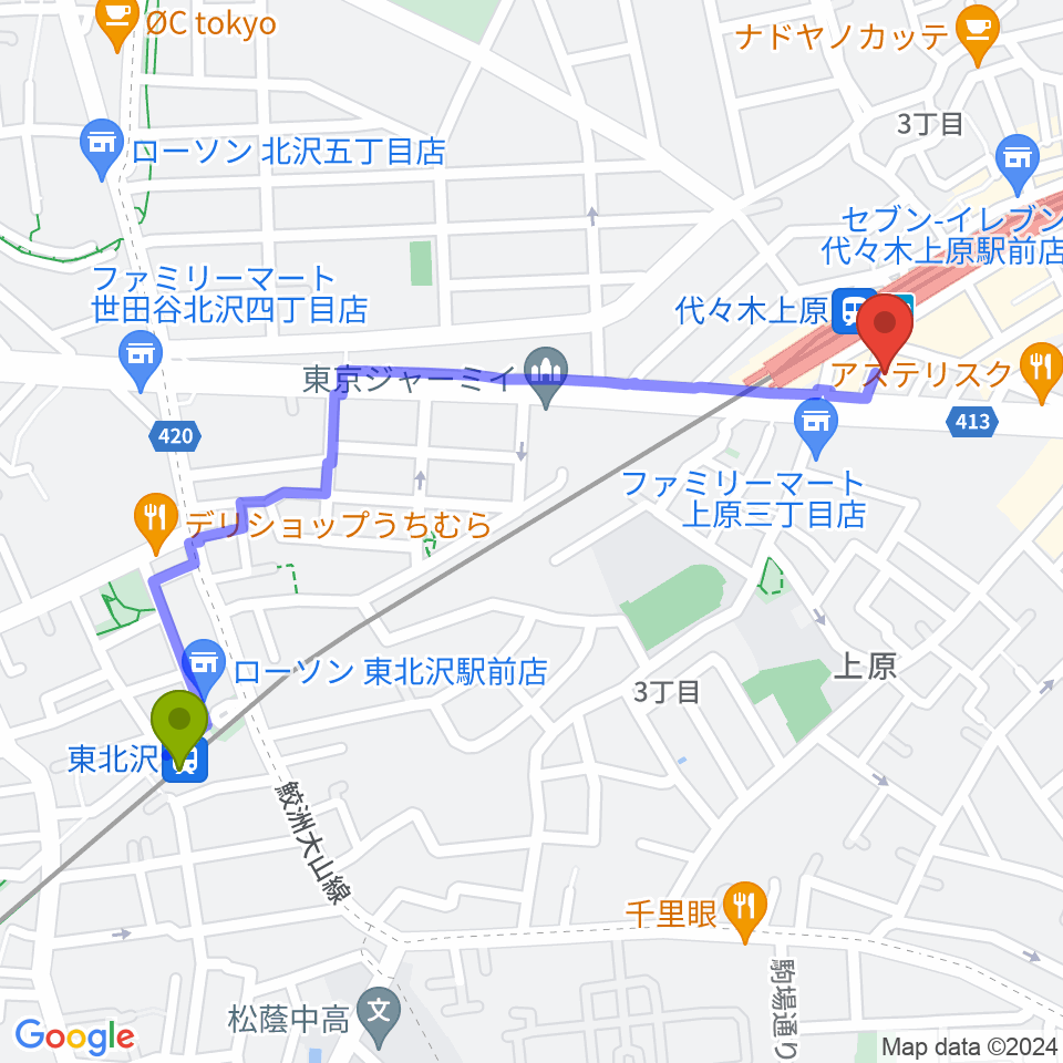 東北沢駅から代々木上原OPRCTへのルートマップ地図