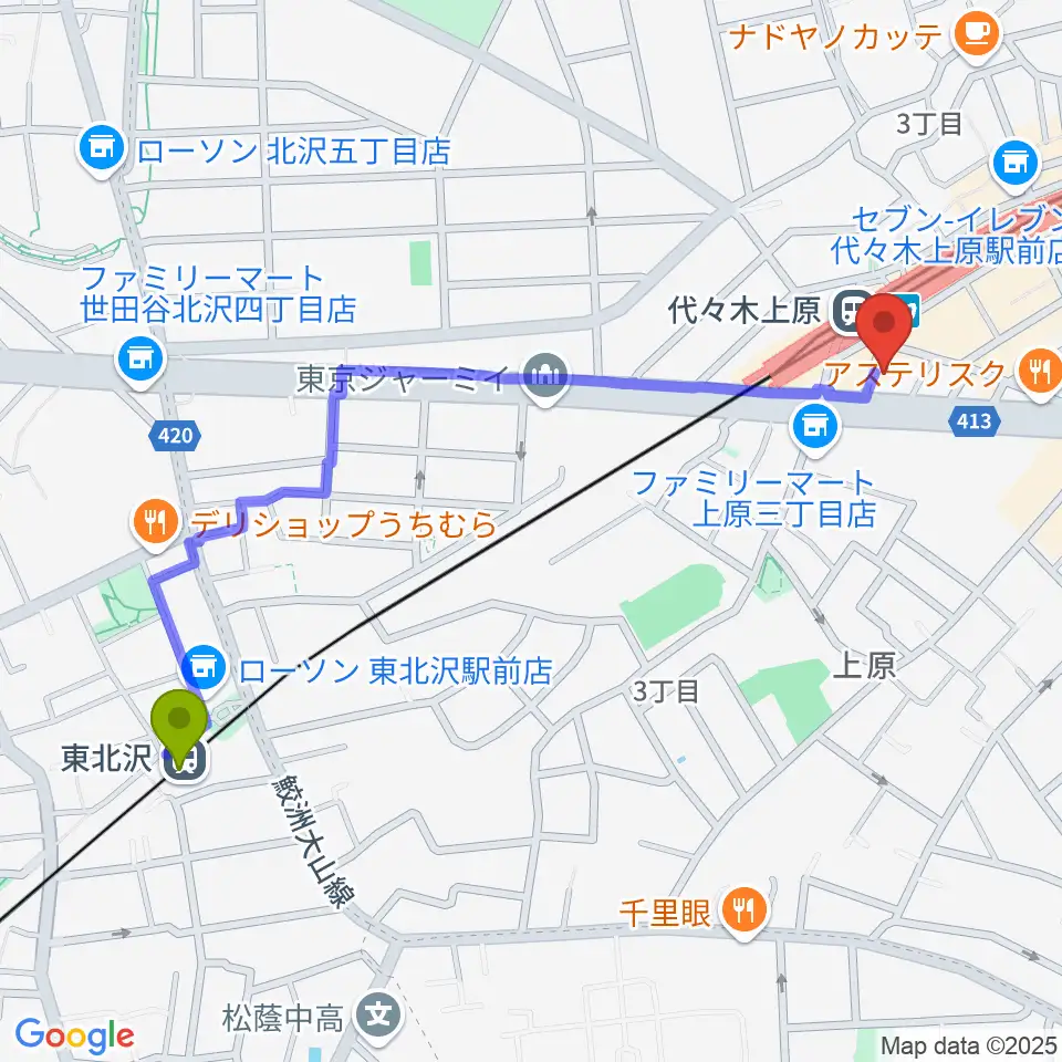 東北沢駅から代々木上原OPRCTへのルートマップ地図