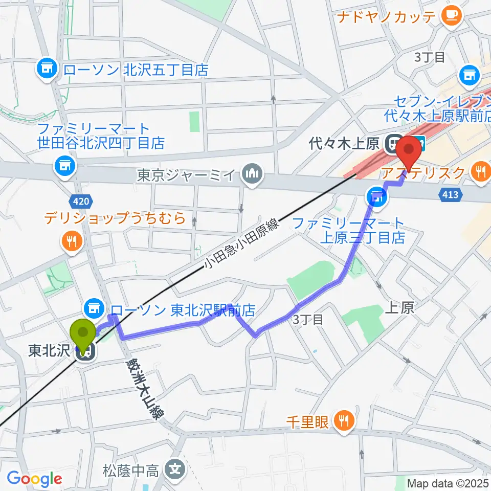 東北沢駅から代々木上原OPRCTへのルートマップ地図