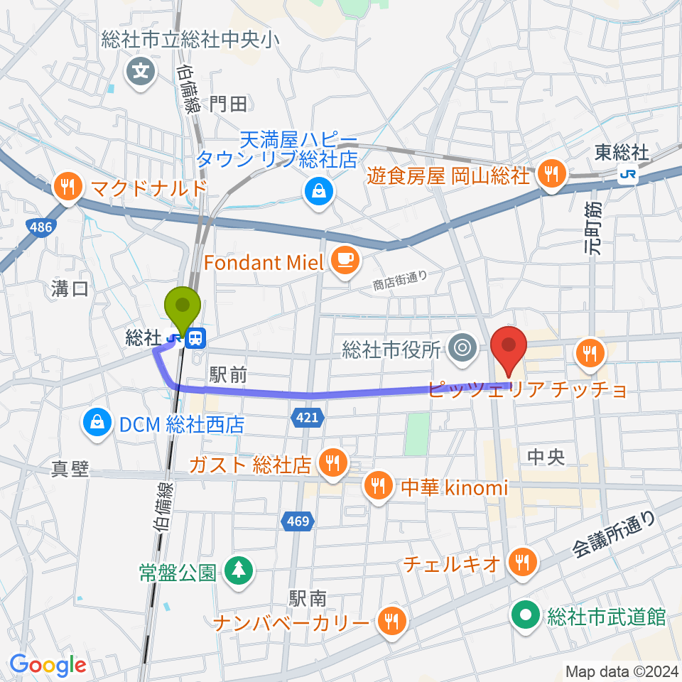 総社駅から総社市民会館へのルートマップ地図