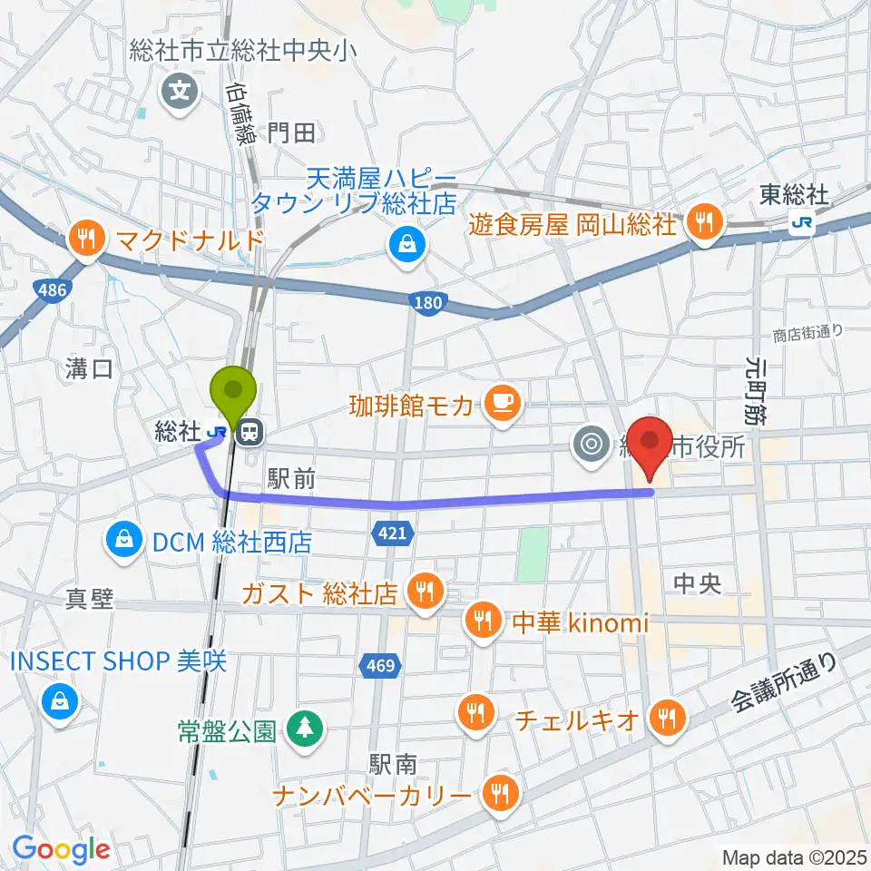 総社駅から総社市民会館へのルートマップ地図