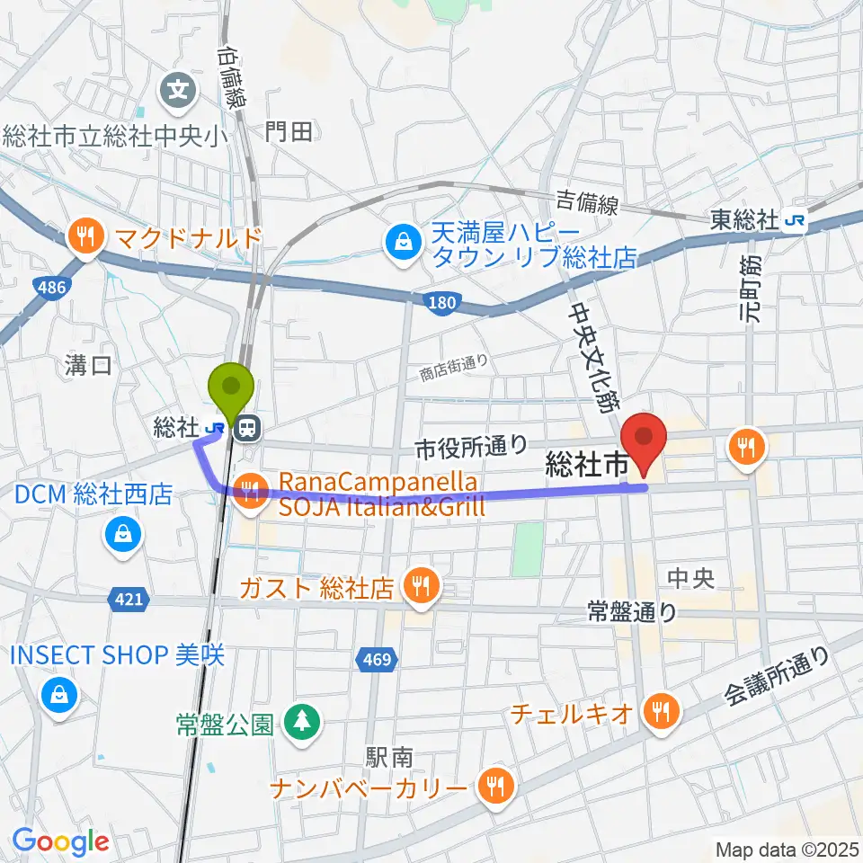 総社駅から総社市民会館へのルートマップ地図
