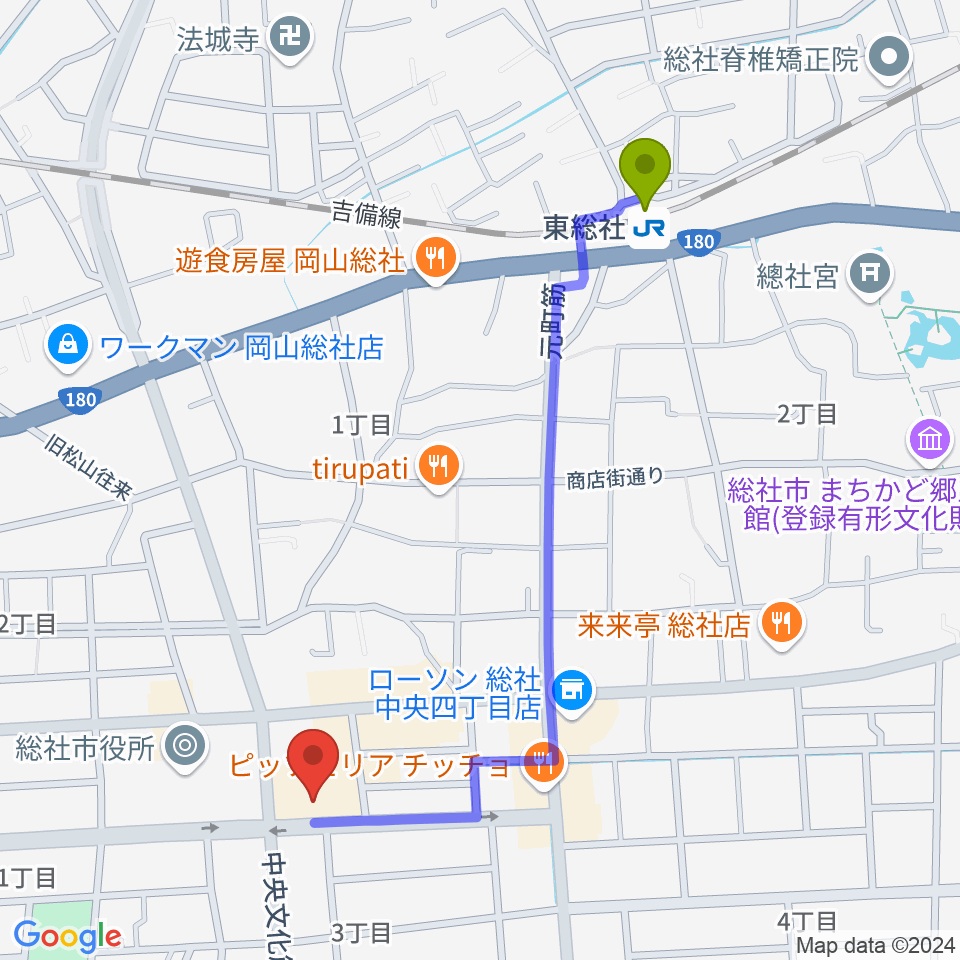 総社市民会館の最寄駅東総社駅からの徒歩ルート（約11分）地図