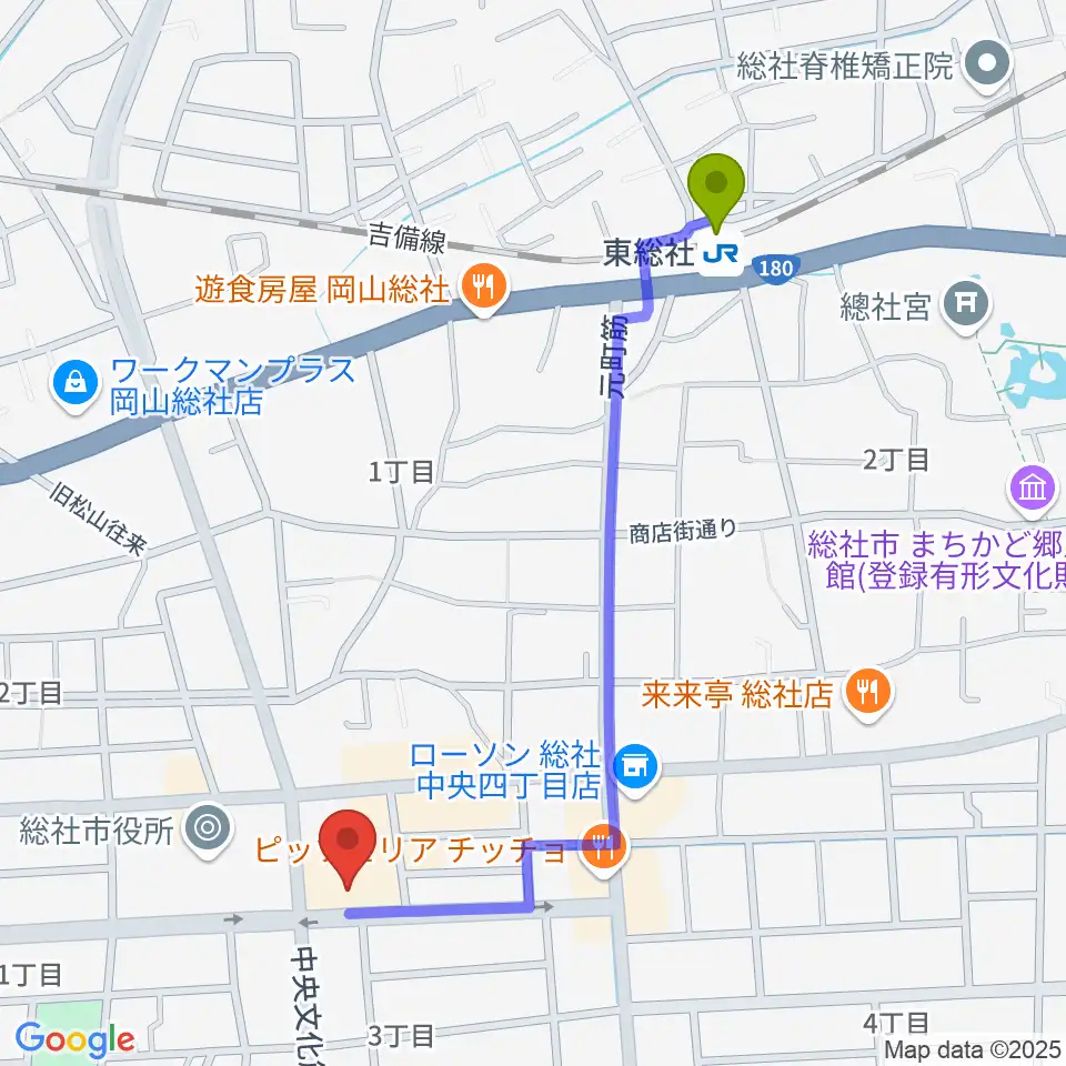 総社市民会館の最寄駅東総社駅からの徒歩ルート（約11分）地図