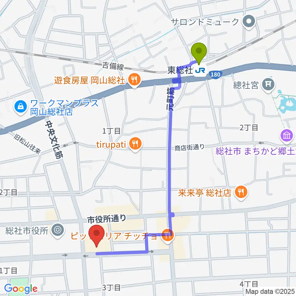 総社市民会館の最寄駅東総社駅からの徒歩ルート（約11分）地図