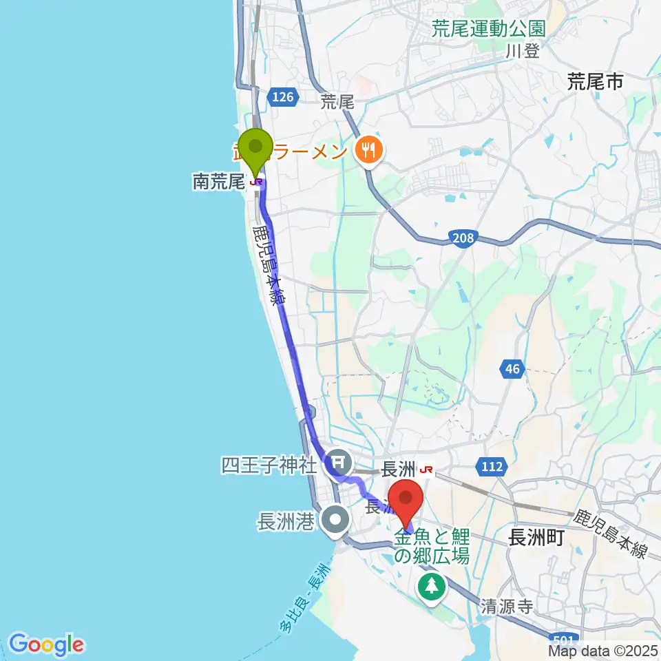 南荒尾駅からながす未来館へのルートマップ地図