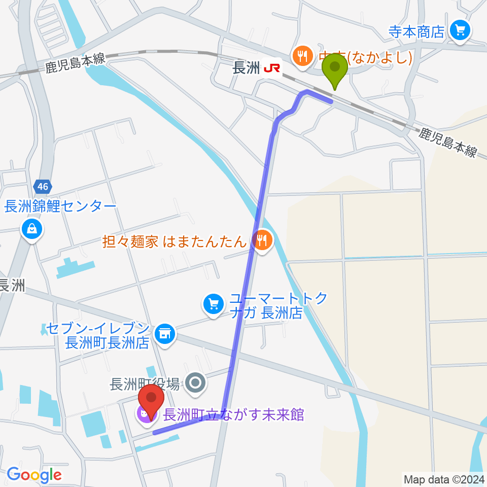 ながす未来館の最寄駅長洲駅からの徒歩ルート（約12分）地図