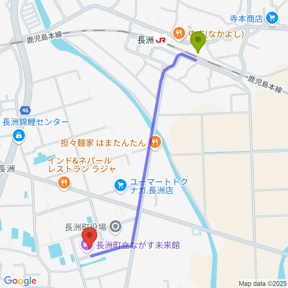 ながす未来館の最寄駅長洲駅からの徒歩ルート（約12分）地図