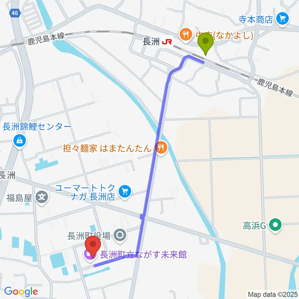 ながす未来館の最寄駅長洲駅からの徒歩ルート（約12分）地図