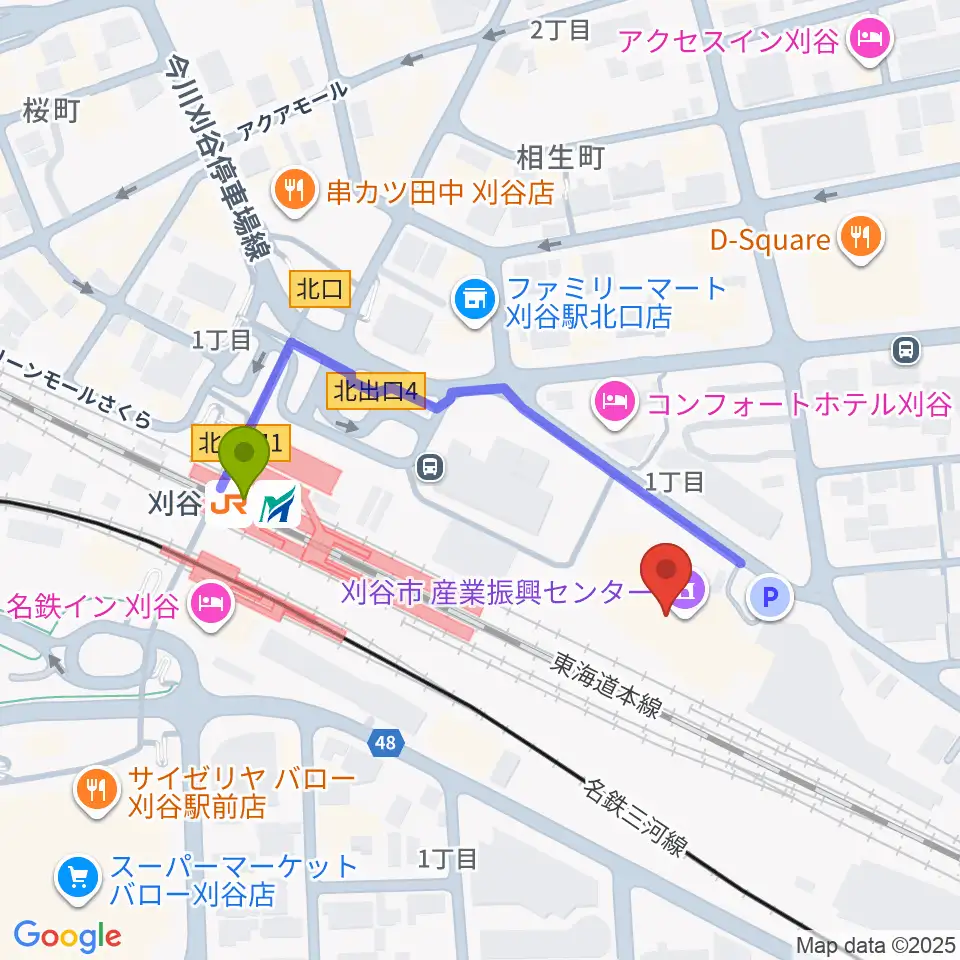 刈谷市産業振興センターの最寄駅刈谷駅からの徒歩ルート（約4分）地図
