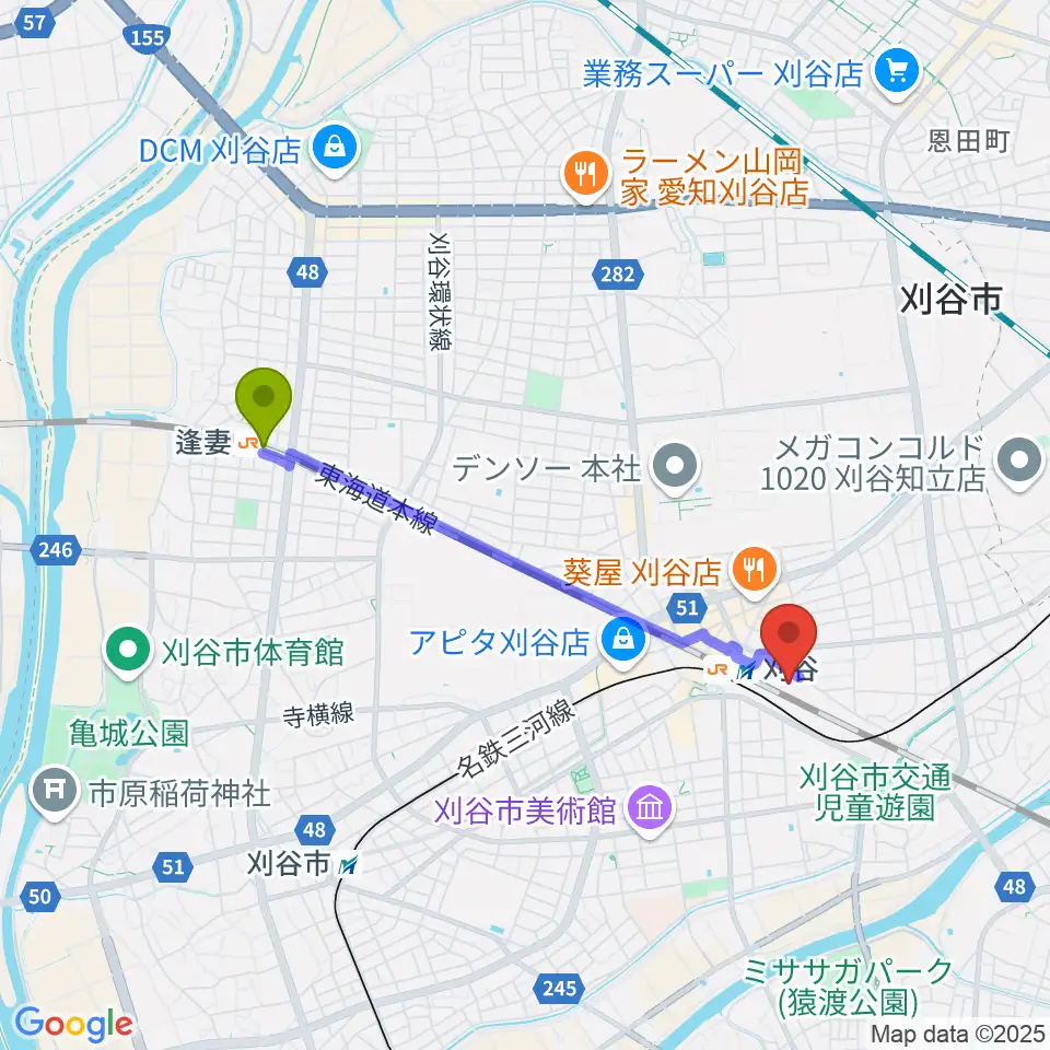 逢妻駅から刈谷市産業振興センターへのルートマップ地図
