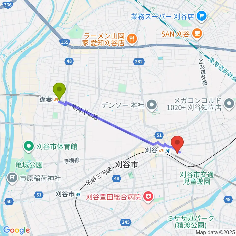 逢妻駅から刈谷市産業振興センターへのルートマップ地図