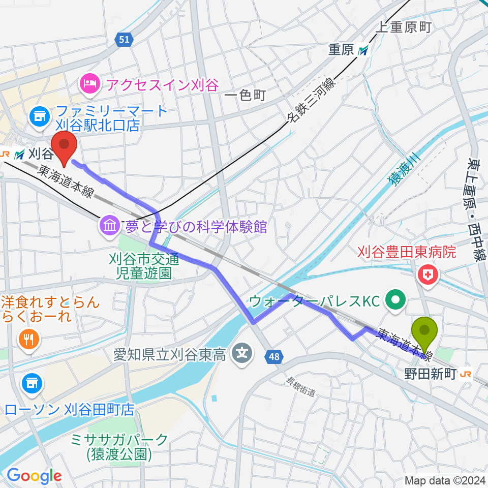 野田新町駅から刈谷市産業振興センターへのルートマップ地図