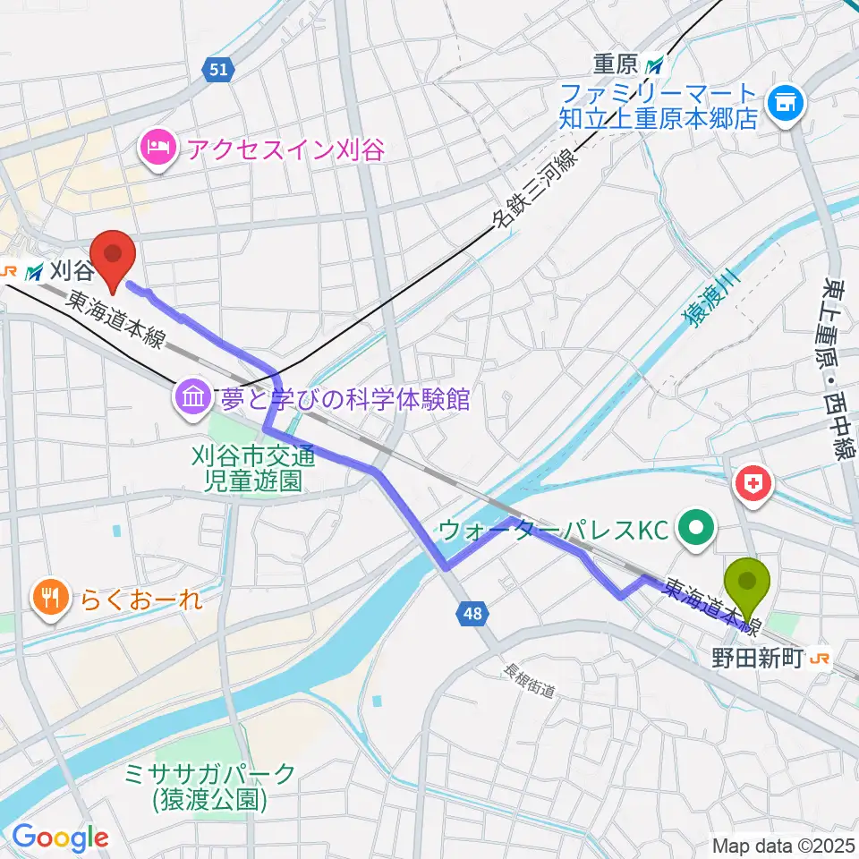 野田新町駅から刈谷市産業振興センターへのルートマップ地図