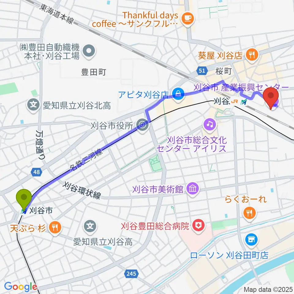 刈谷市駅から刈谷市産業振興センターへのルートマップ地図