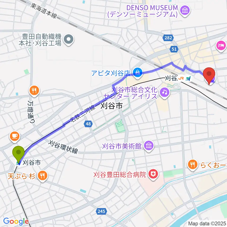刈谷市駅から刈谷市産業振興センターへのルートマップ地図