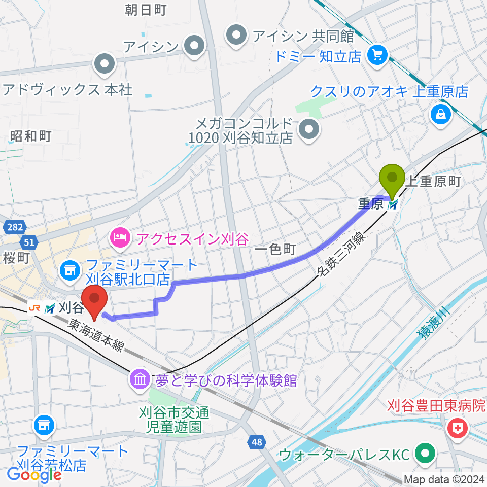 重原駅から刈谷市産業振興センターへのルートマップ地図