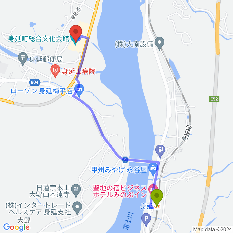 身延駅から身延町総合文化会館へのルートマップ地図