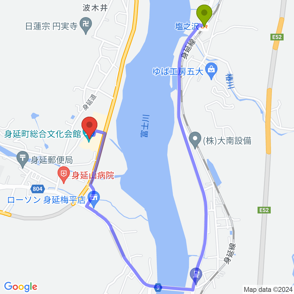 身延町総合文化会館の最寄駅塩之沢駅からの徒歩ルート（約17分）地図