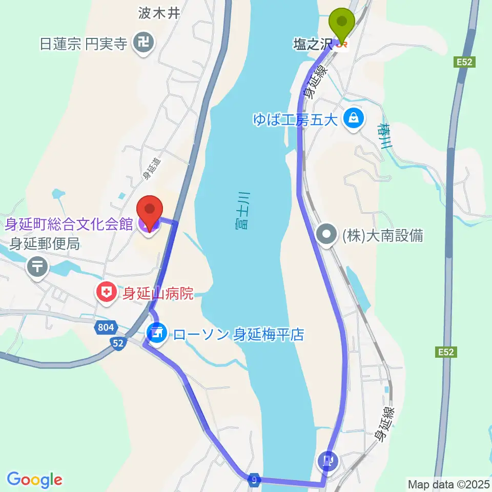 身延町総合文化会館の最寄駅塩之沢駅からの徒歩ルート（約17分）地図