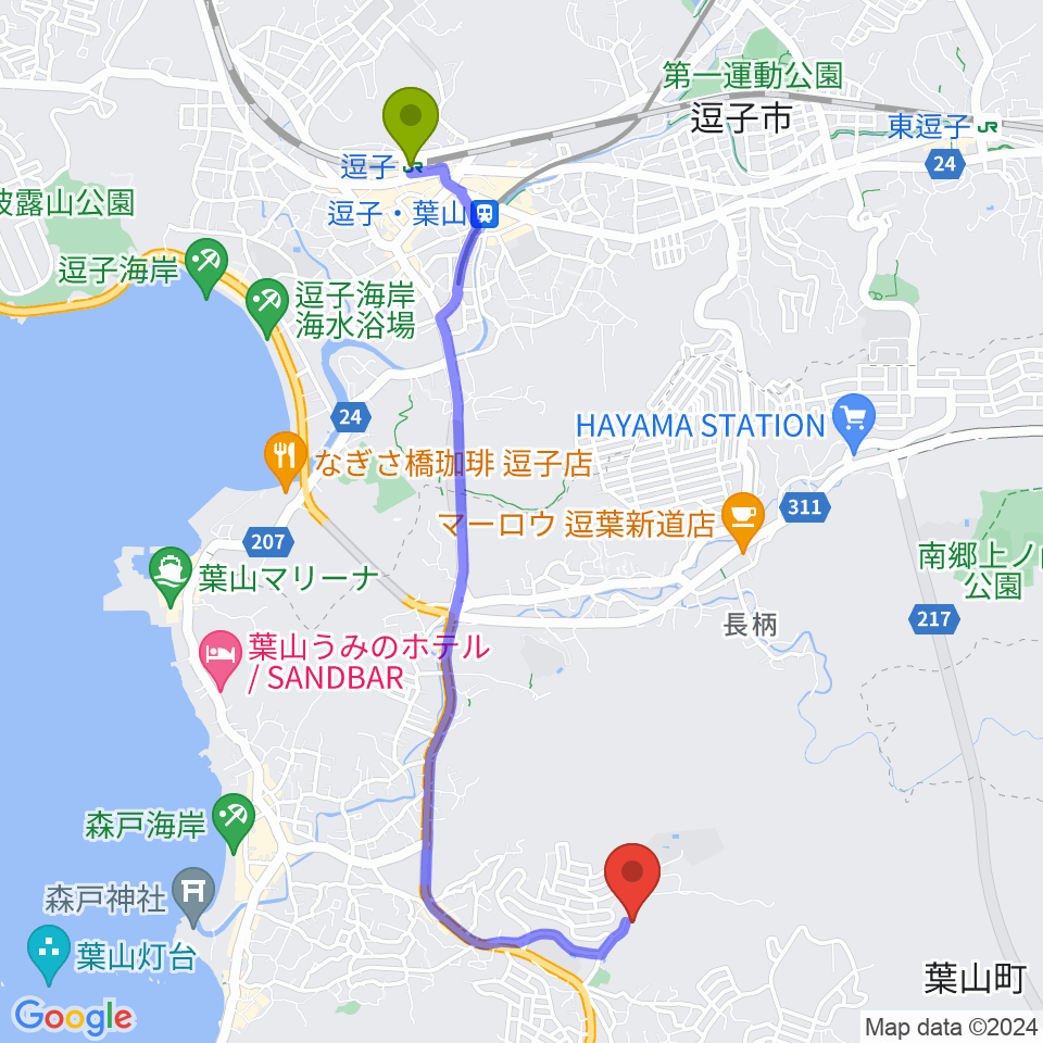 逗子駅から葉山町福祉文化会館へのルートマップ地図