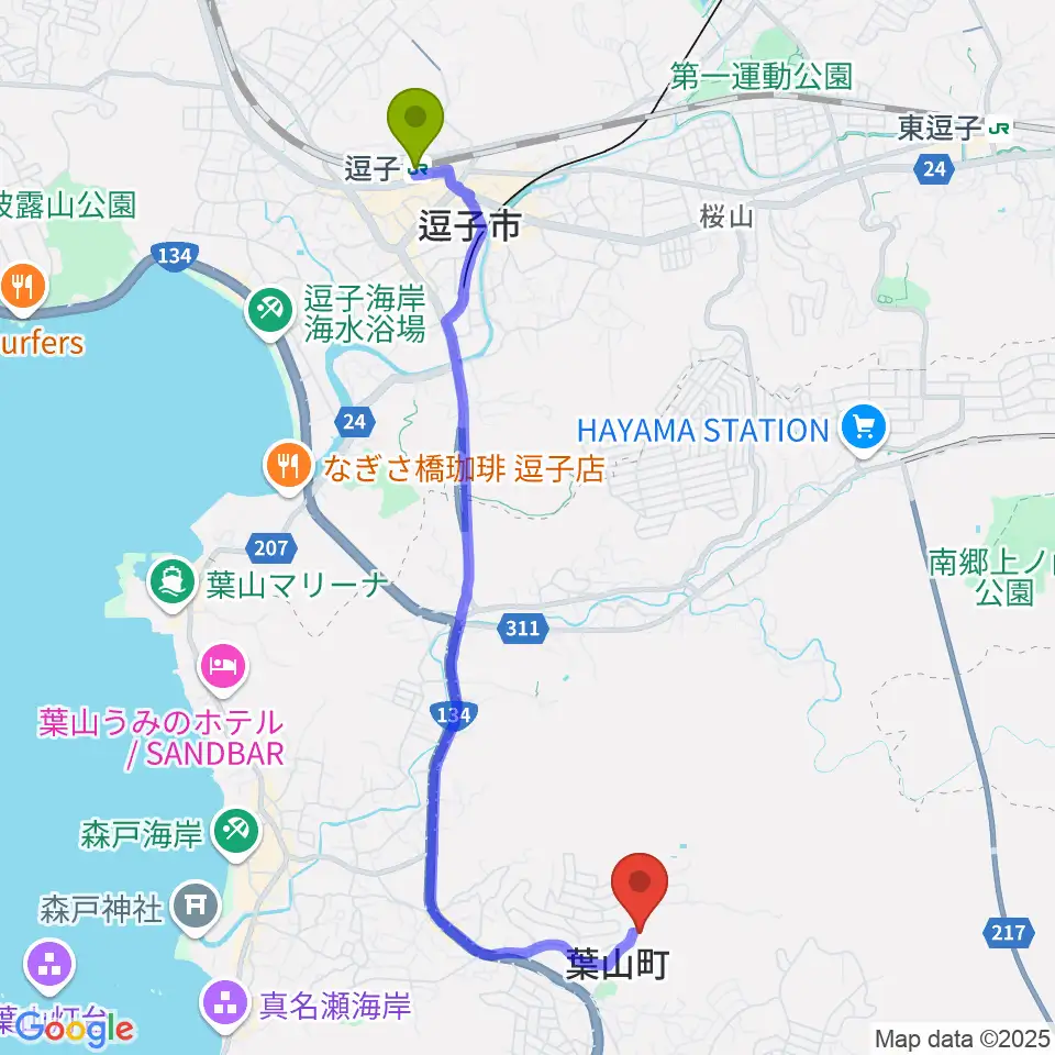 逗子駅から葉山町福祉文化会館へのルートマップ地図