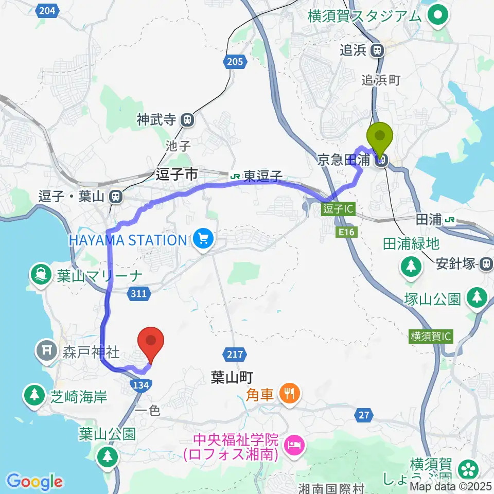 京急田浦駅から葉山町福祉文化会館へのルートマップ地図