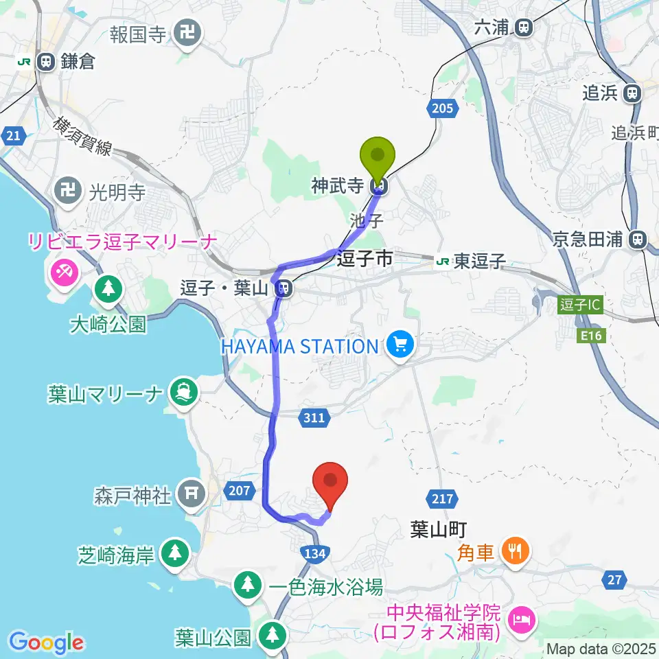 神武寺駅から葉山町福祉文化会館へのルートマップ地図