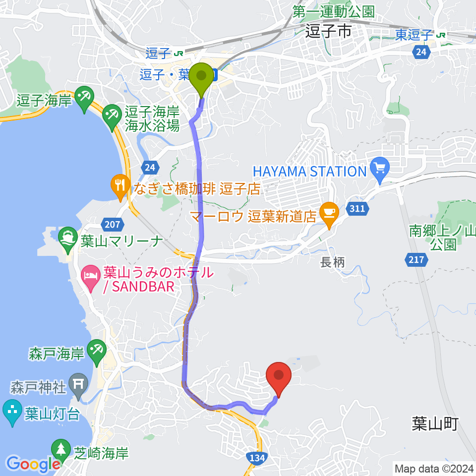 葉山町福祉文化会館の最寄駅逗子・葉山駅からの徒歩ルート（約40分）地図