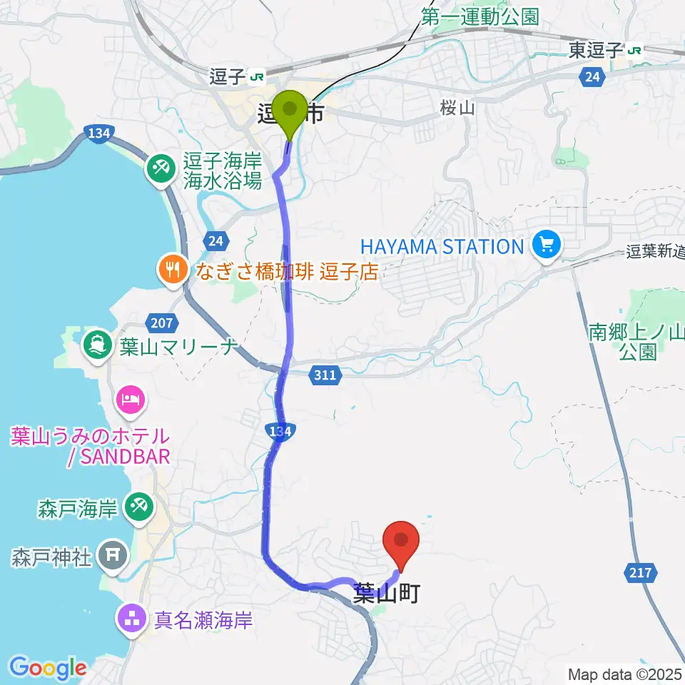 葉山町福祉文化会館の最寄駅逗子・葉山駅からの徒歩ルート（約40分）地図