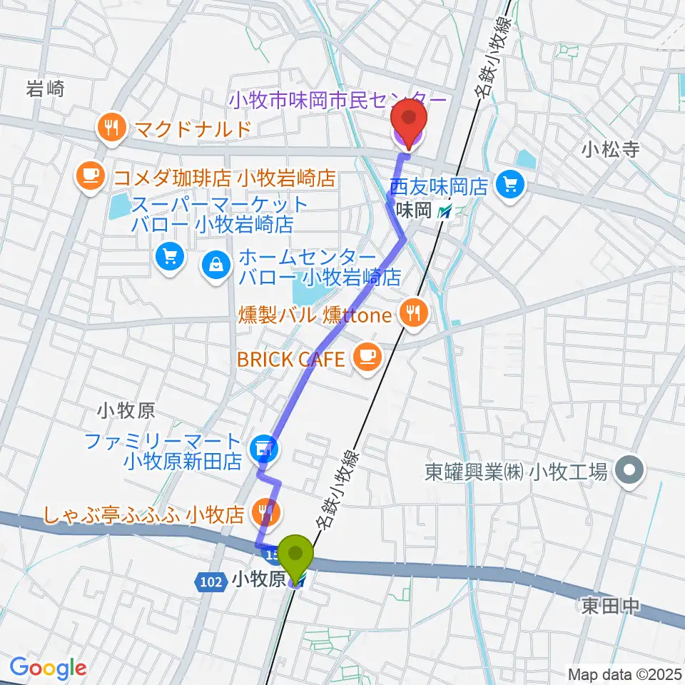 小牧原駅から小牧市味岡市民センターへのルートマップ地図